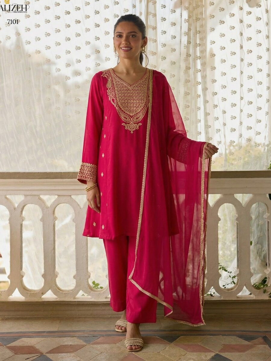 Pink Cotton Silk Embroidery Wedding Party Festival Casual Ready Palazzo Pant Salwar Kameez