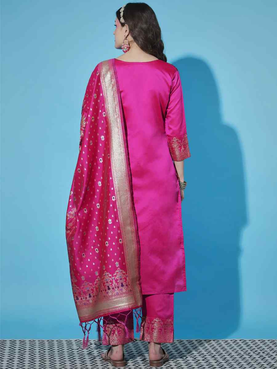 Pink Cotton Silk Jacquard Embroidered Festival Mehendi Ready Pant Salwar Kameez