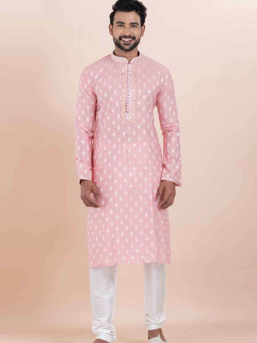 Pink Cotton Silk Jacquard Embroidered Festival Wedding Kurta Pyjama Men039s Wear
