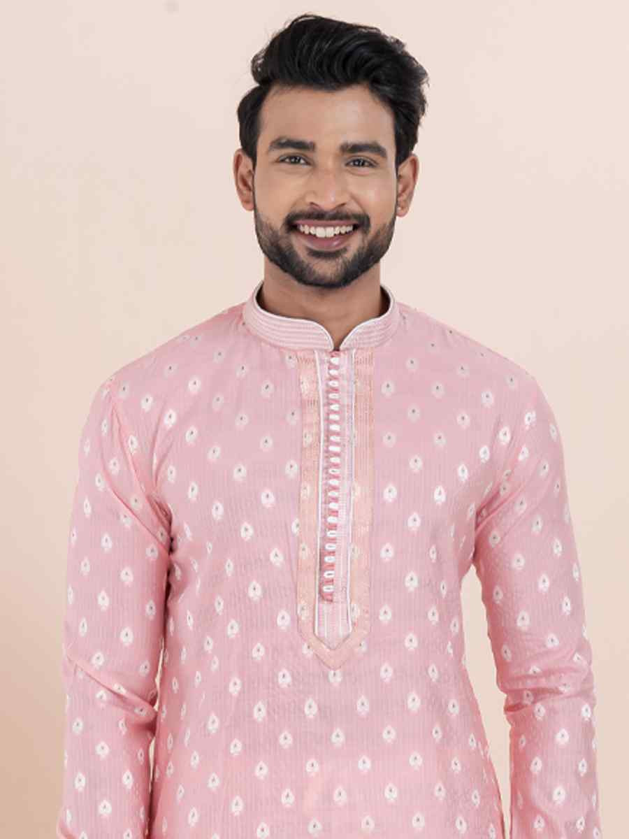 Pink Cotton Silk Jacquard Embroidered Festival Wedding Kurta Pyjama Men039s Wear