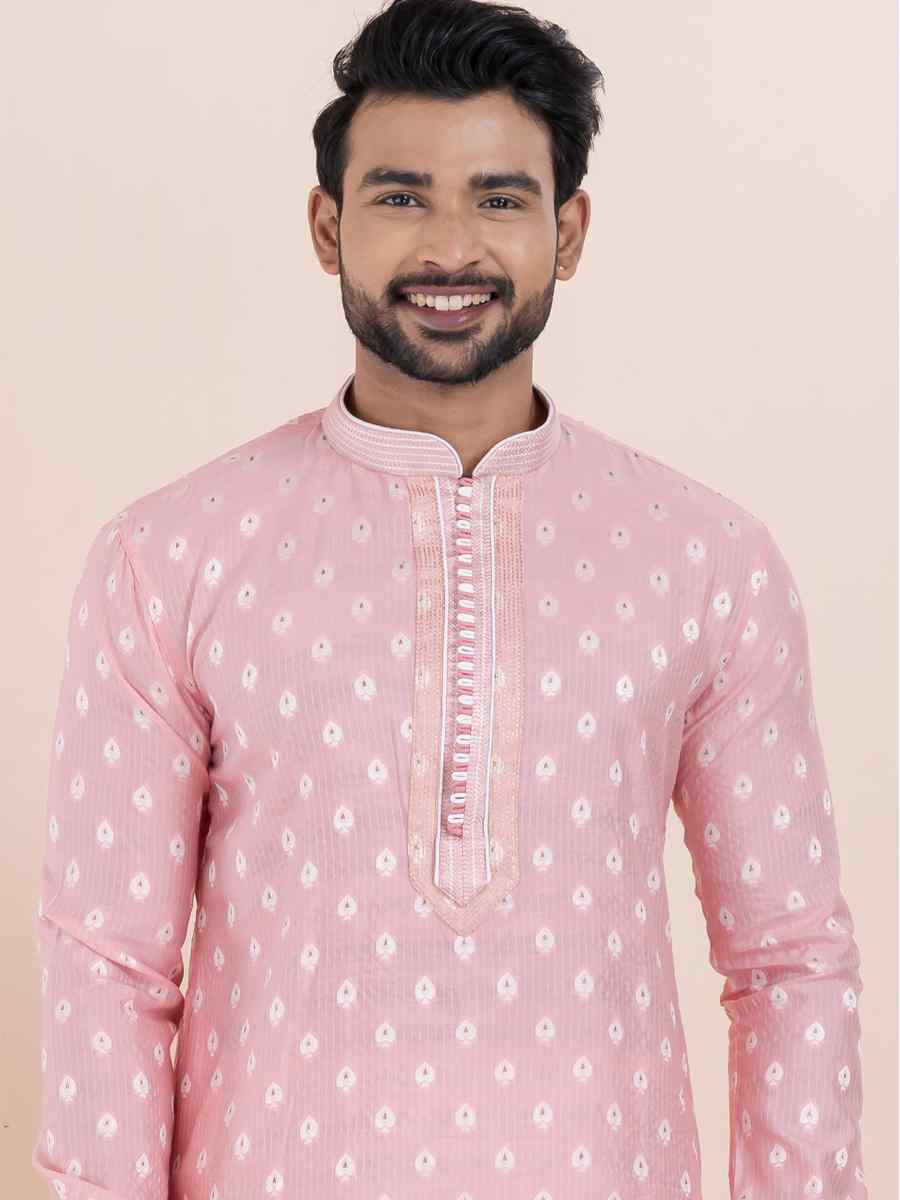 Pink Cotton Silk Jacquard Embroidered Festival Wedding Kurta Pyjama Men039s Wear