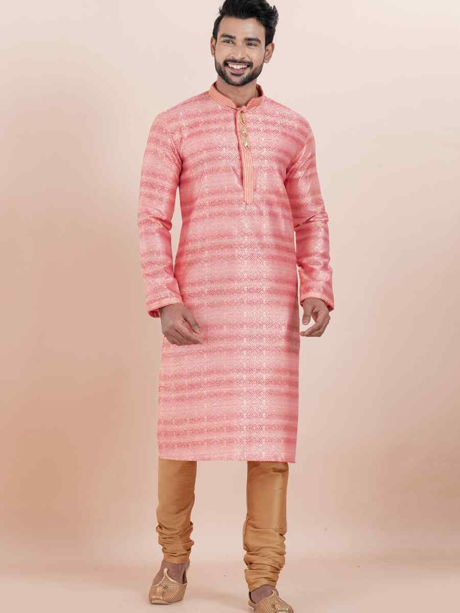 Pink Cotton Silk Jacquard Embroidered Festival Wedding Kurta Pyjama Men039s Wear
