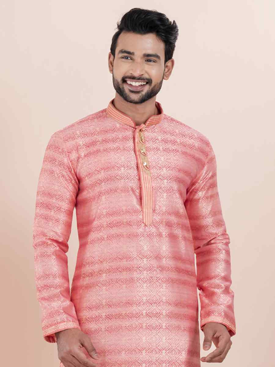 Pink Cotton Silk Jacquard Embroidered Festival Wedding Kurta Pyjama Men039s Wear