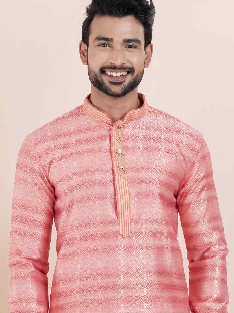 Pink Cotton Silk Jacquard Embroidered Festival Wedding Kurta Pyjama Men039s Wear