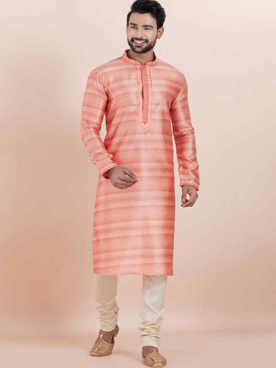 Pink Cotton Silk Jacquard Embroidered Festival Wedding Kurta Pyjama Men039s Wear