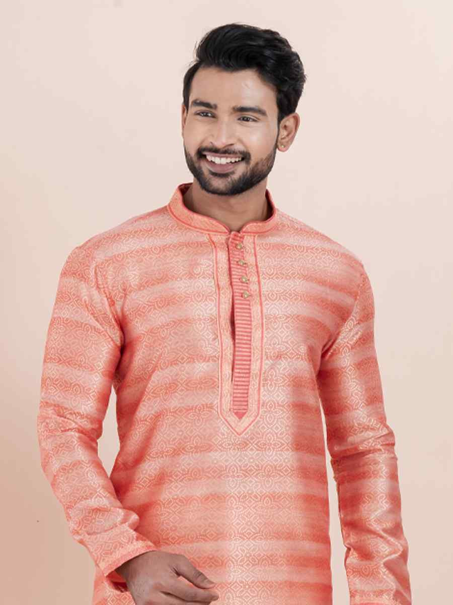Pink Cotton Silk Jacquard Embroidered Festival Wedding Kurta Pyjama Men039s Wear
