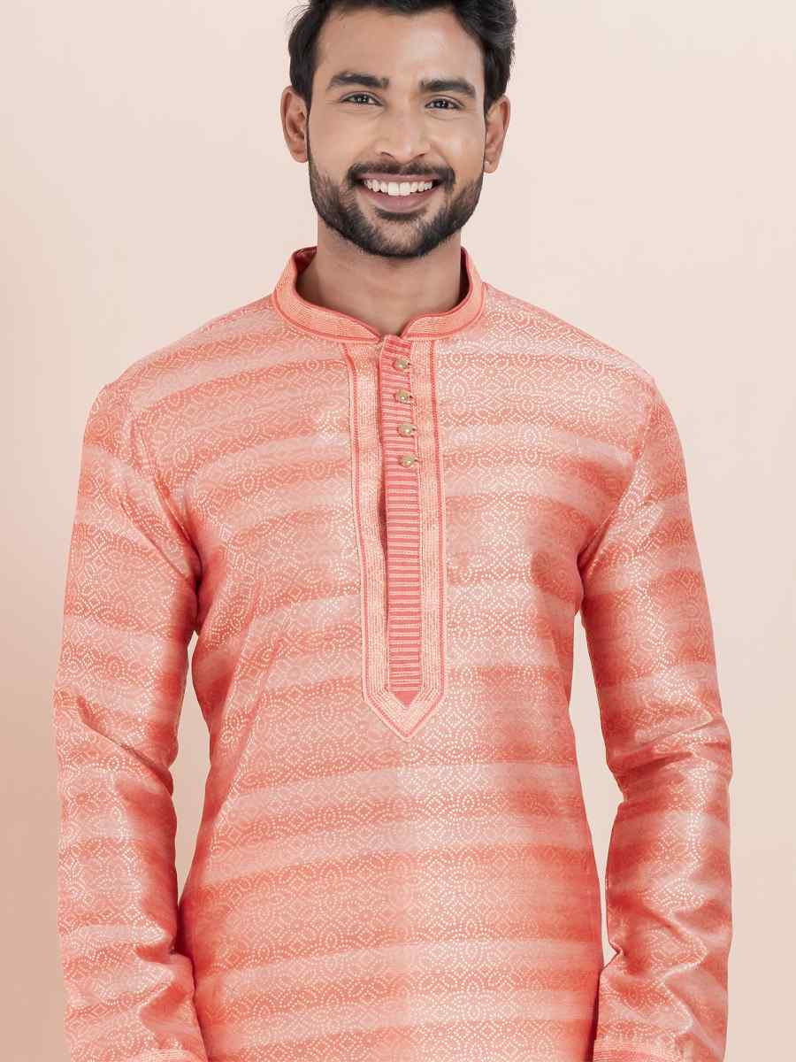 Pink Cotton Silk Jacquard Embroidered Festival Wedding Kurta Pyjama Men039s Wear
