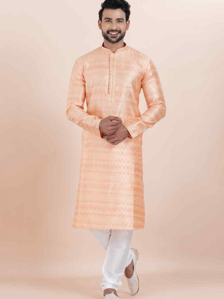 Pink Cotton Silk Jacquard Embroidered Festival Wedding Kurta Pyjama Men&#039;s Wear