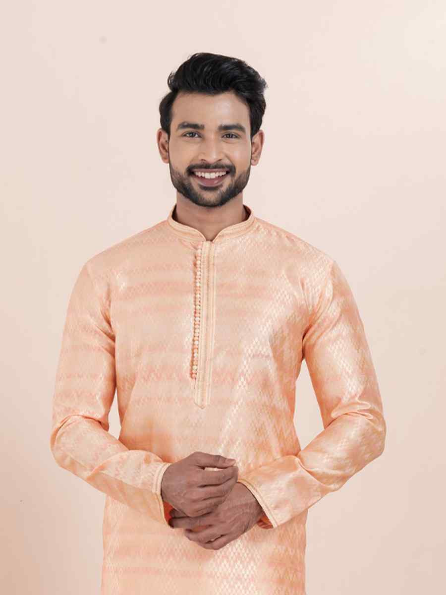 Pink Cotton Silk Jacquard Embroidered Festival Wedding Kurta Pyjama Men039s Wear