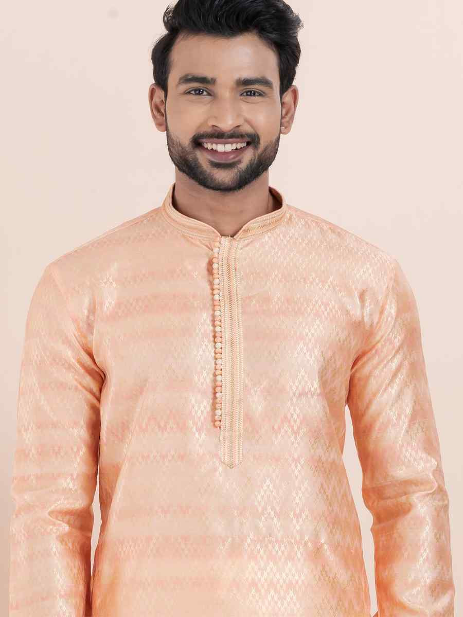 Pink Cotton Silk Jacquard Embroidered Festival Wedding Kurta Pyjama Men039s Wear