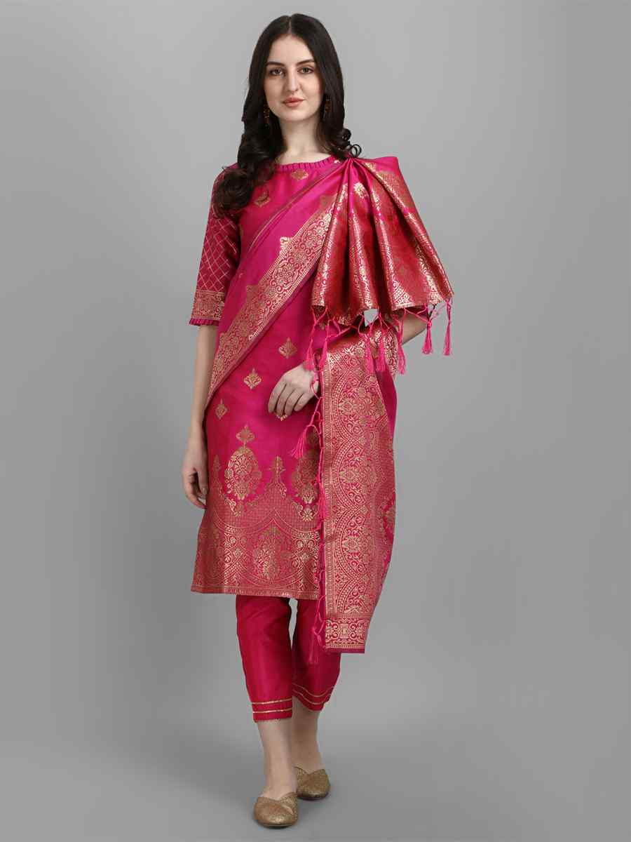 Pink Cotton Silk Jacquard Handwoven Party Wedding Festival Casual Ready Pant Salwar Kameez