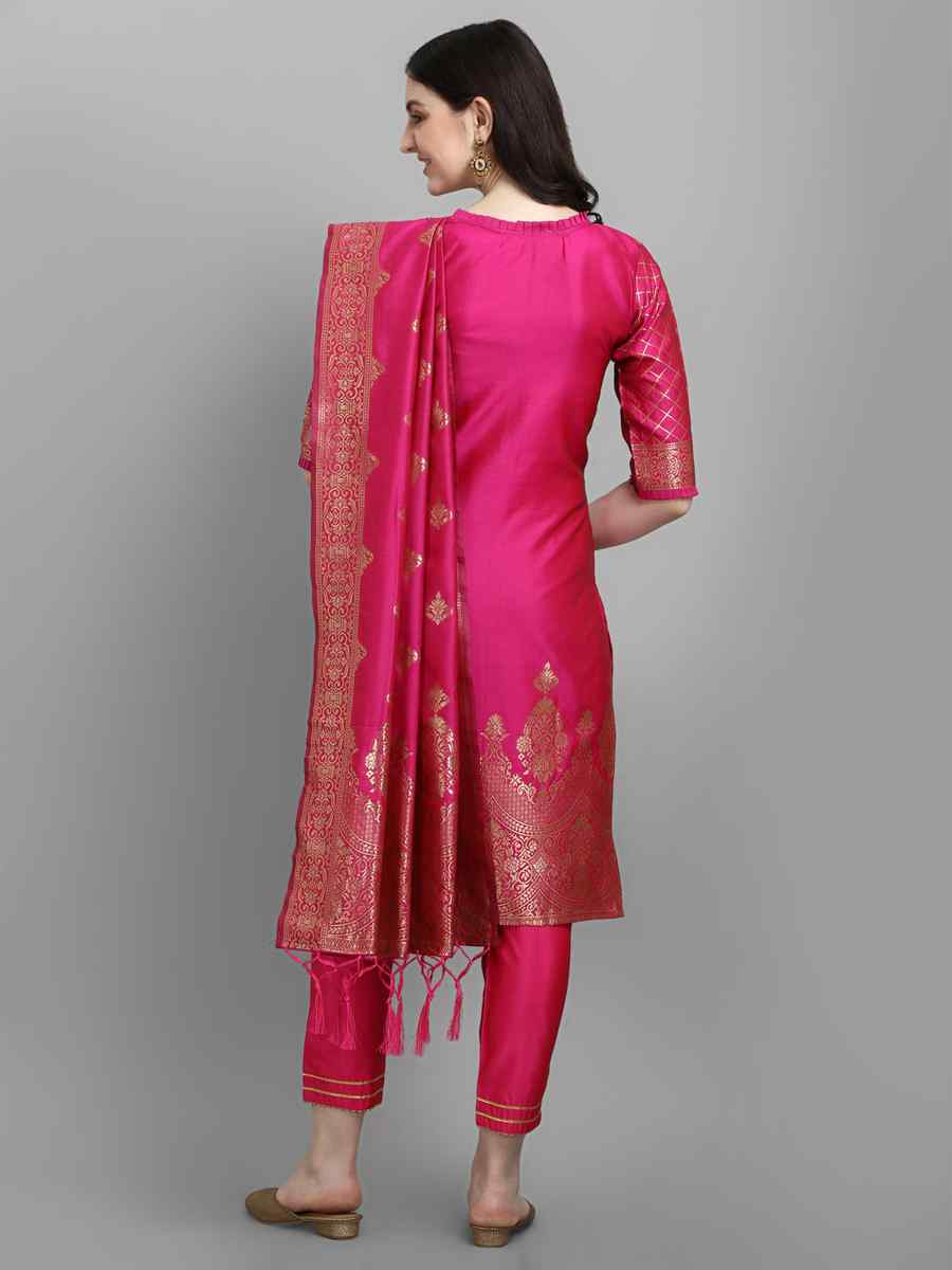 Pink Cotton Silk Jacquard Handwoven Party Wedding Festival Casual Ready Pant Salwar Kameez