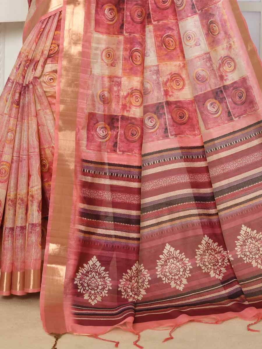 Pink Cotton Silk Printed Casual Festival Classic Style Saree