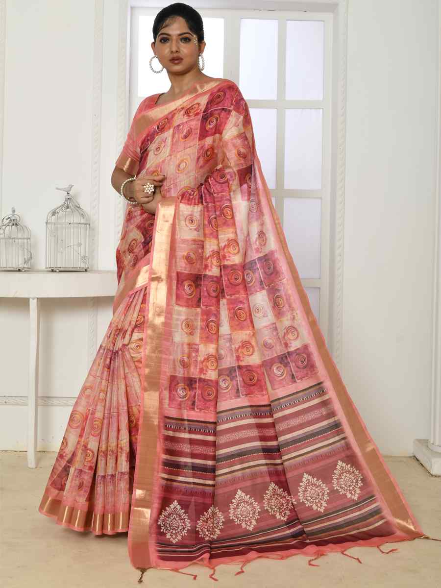 Pink Cotton Silk Printed Casual Festival Classic Style Saree