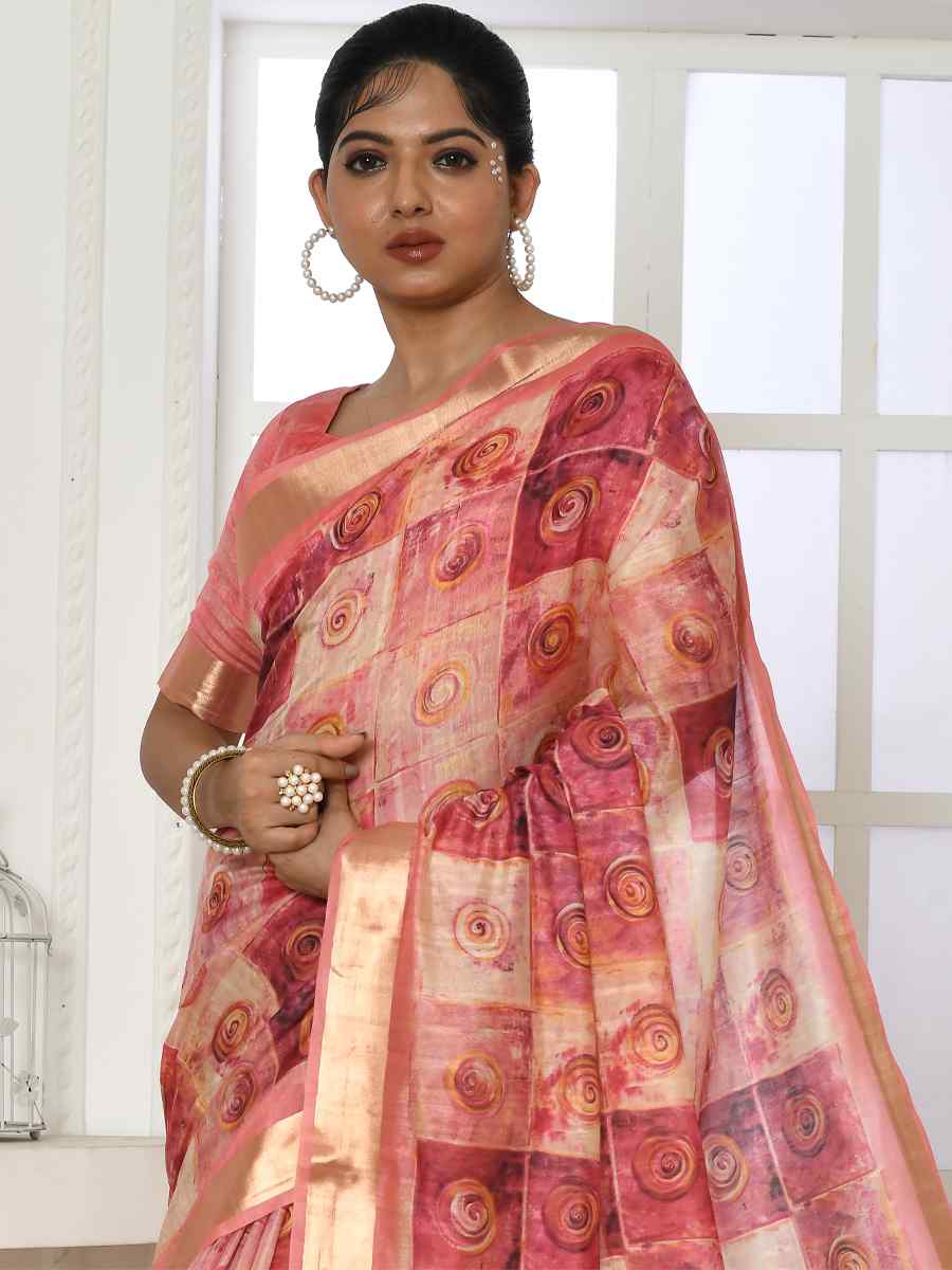 Pink Cotton Silk Printed Casual Festival Classic Style Saree