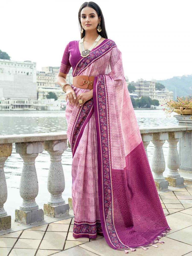 Pink Cotton Silk Printed Casual Festival Contemporary Saree