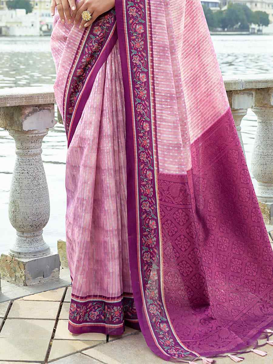 Pink Cotton Silk Printed Casual Festival Contemporary Saree