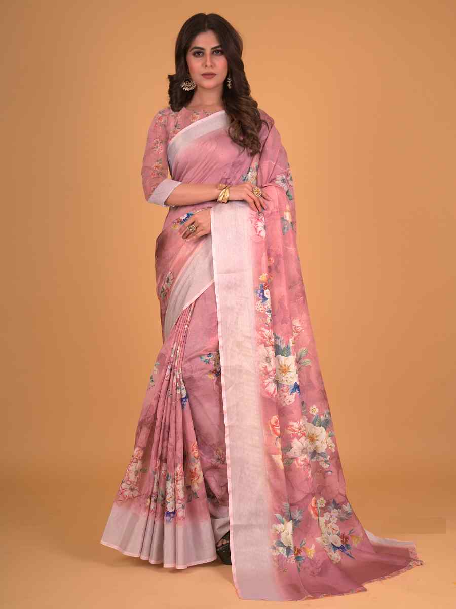 Pink Cotton Silk Printed Party Festival Classic Style Saree