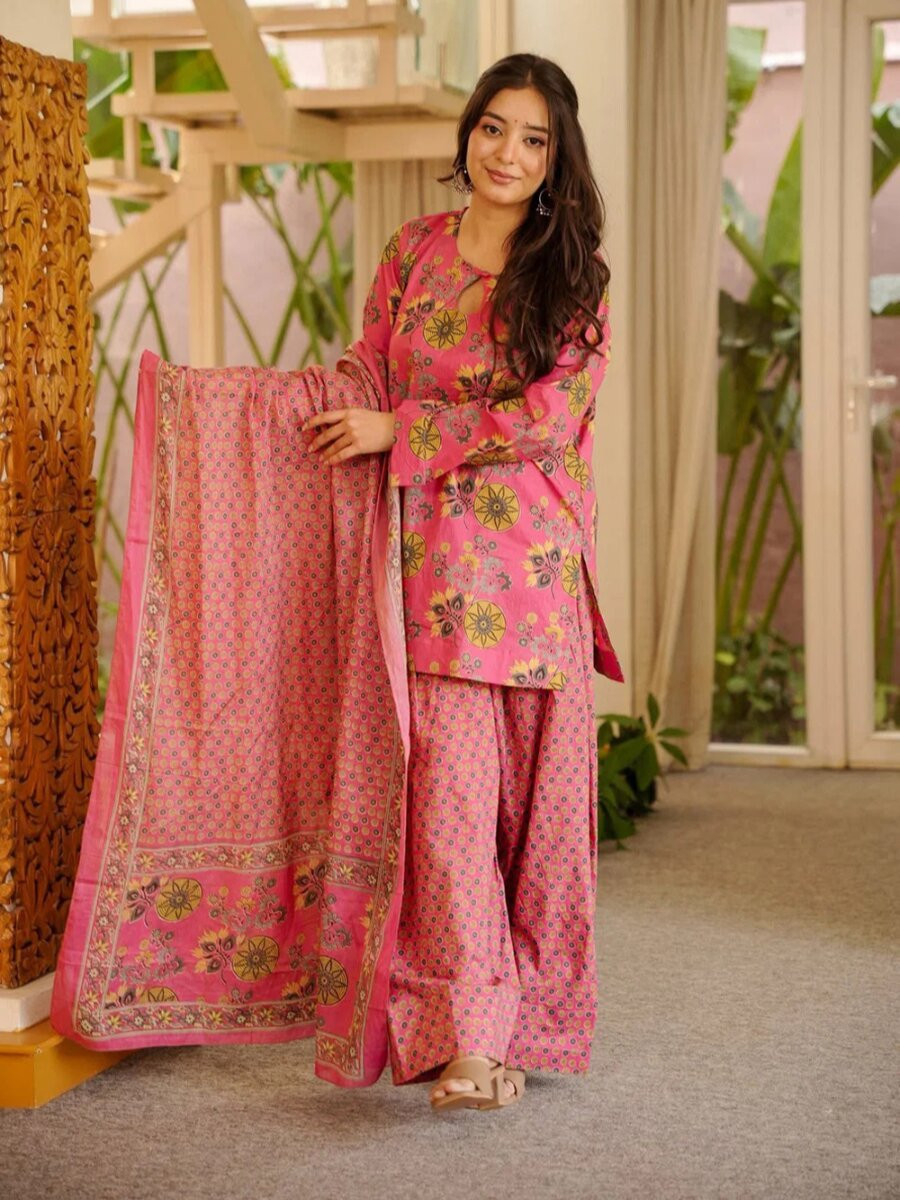 Pink Cotton Silk Printed Wedding Party Festival Casual Ready Palazzo Pant Salwar Kameez