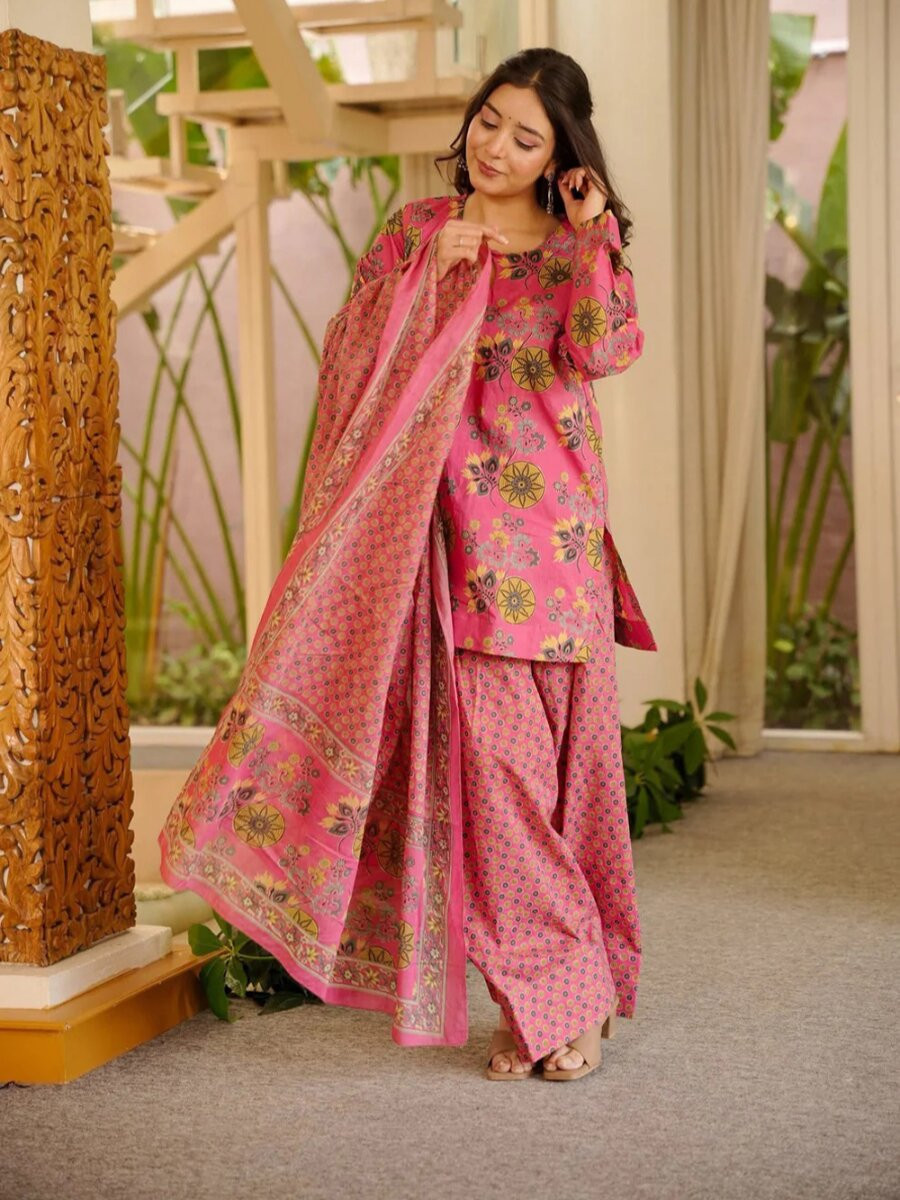 Pink Cotton Silk Printed Wedding Party Festival Casual Ready Palazzo Pant Salwar Kameez