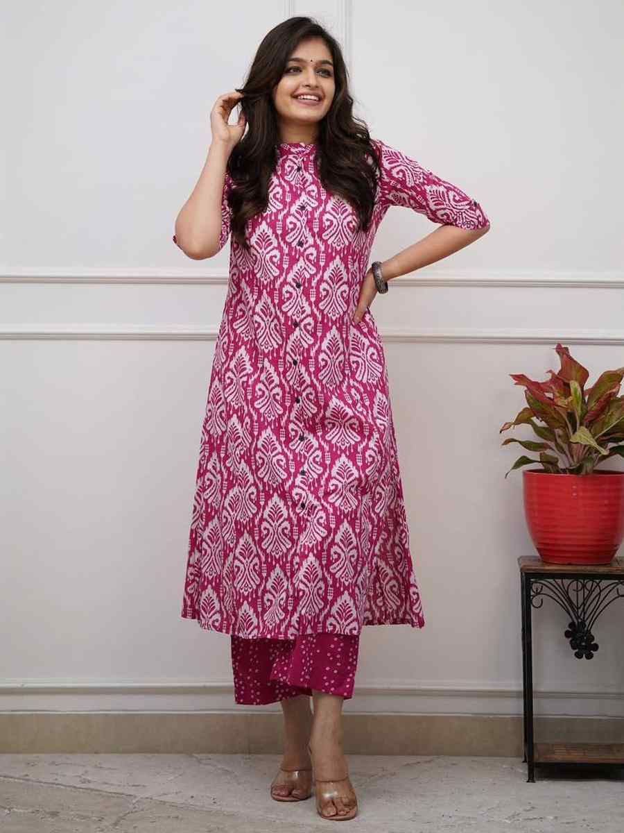 Pink Cotton Slub Printed Festival Casual Kurti Bottom Women Wear