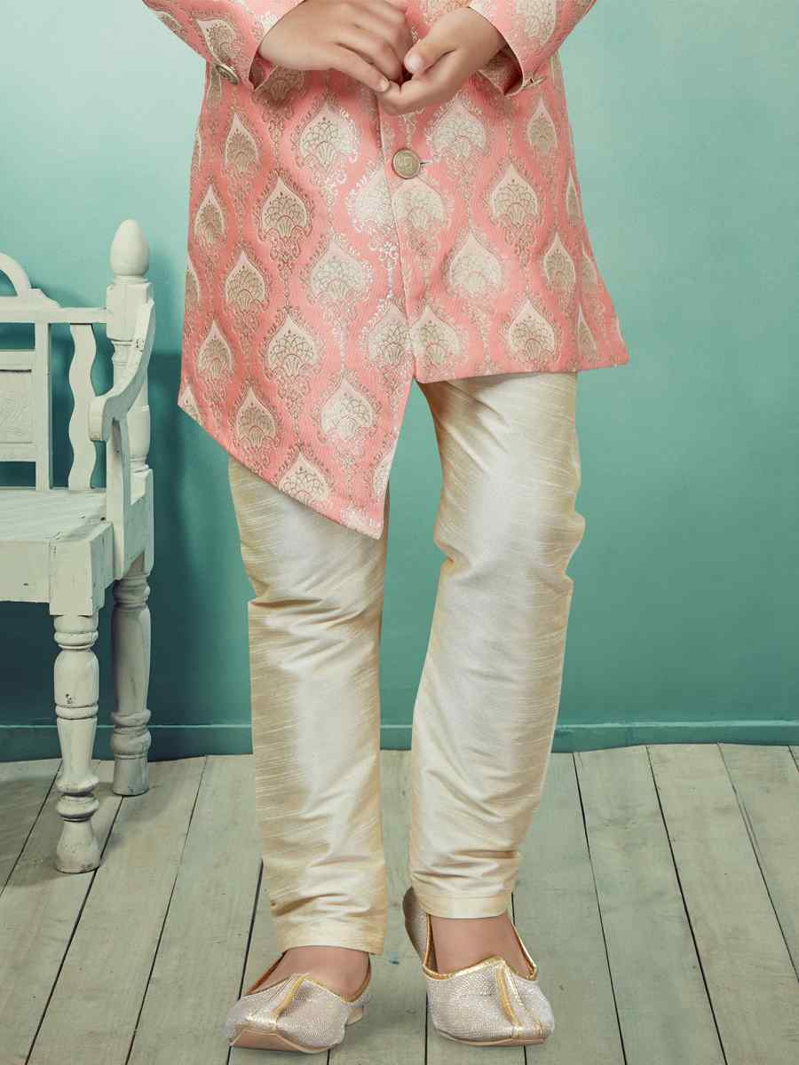 Pink Cream Heavy Banarasi Jacquard Embroidered Party Festival Kurta Pyjama Boys Wear