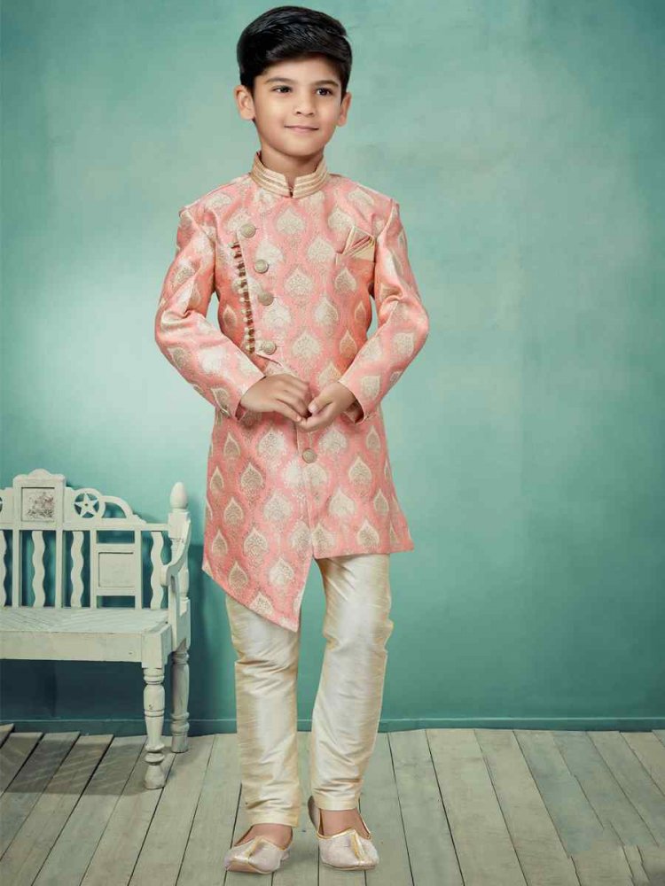 Pink Cream Heavy Banarasi Jacquard Embroidered Party Festival Kurta Pyjama Boys Wear