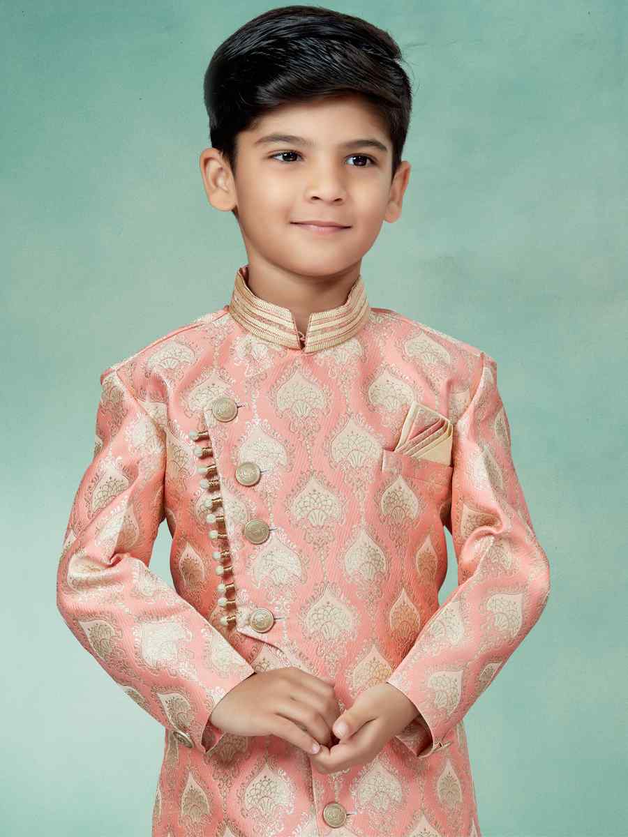 Pink Cream Heavy Banarasi Jacquard Embroidered Party Festival Kurta Pyjama Boys Wear