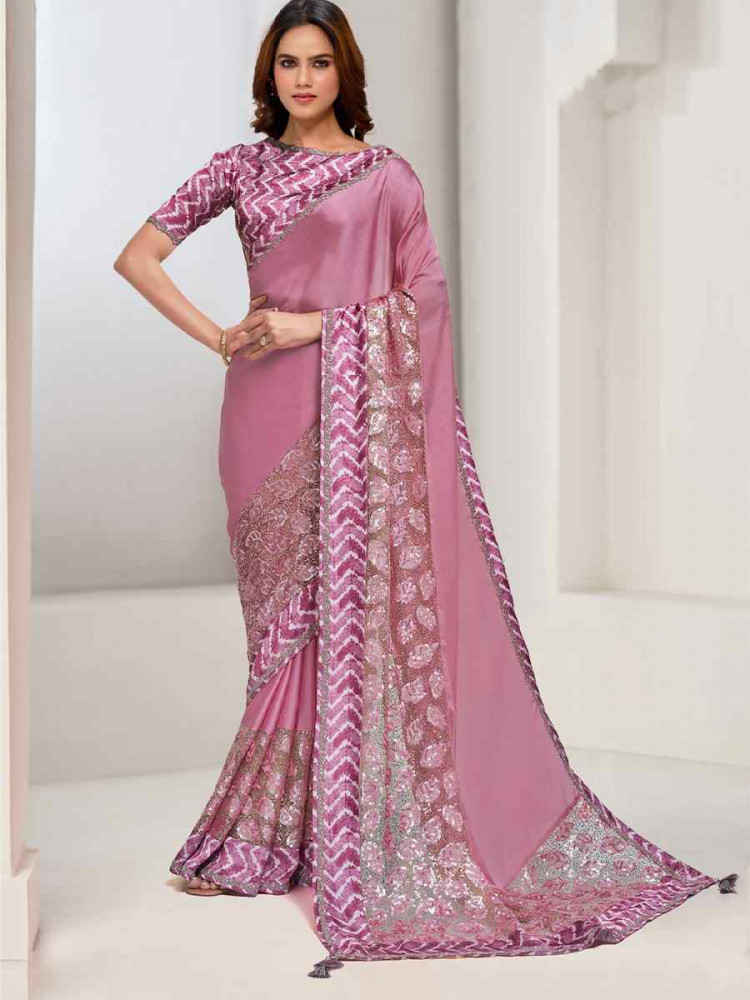 Pink Crepe Georgette Embroidered Festival Wedding Fancy Heavy Border Saree