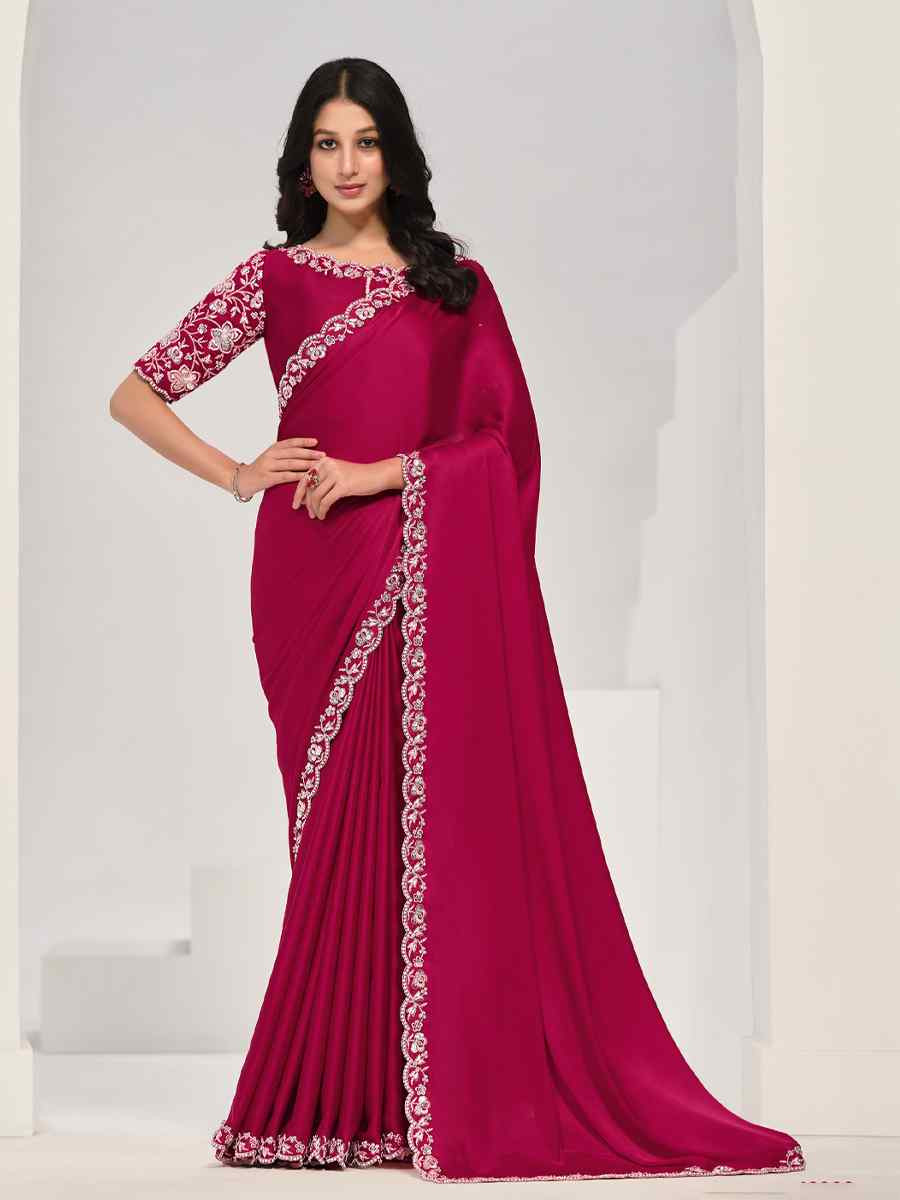 Pink Crepe Satin Silk Embroidered Festival Wedding Fancy Heavy Border Saree