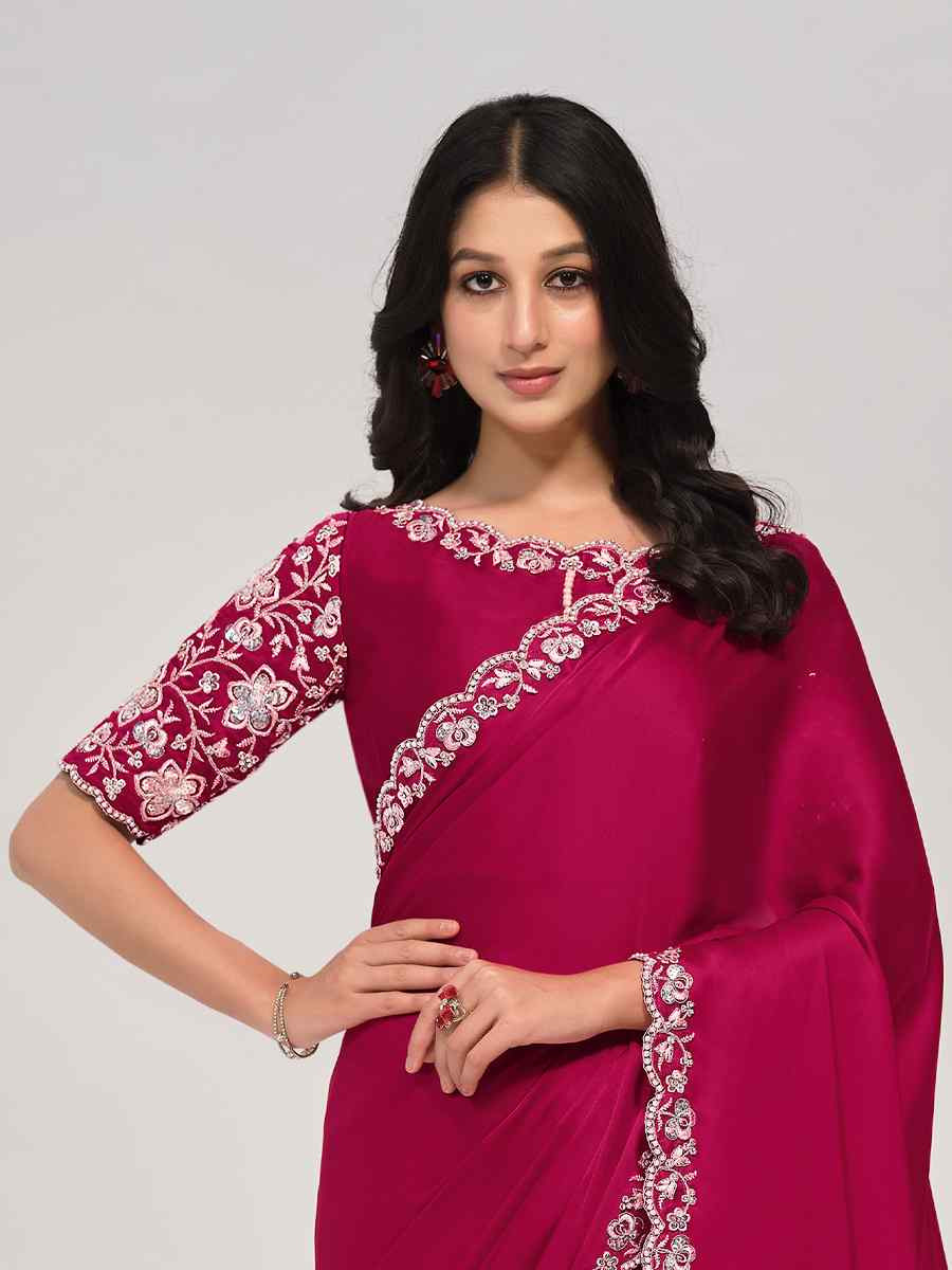 Pink Crepe Satin Silk Embroidered Festival Wedding Fancy Heavy Border Saree