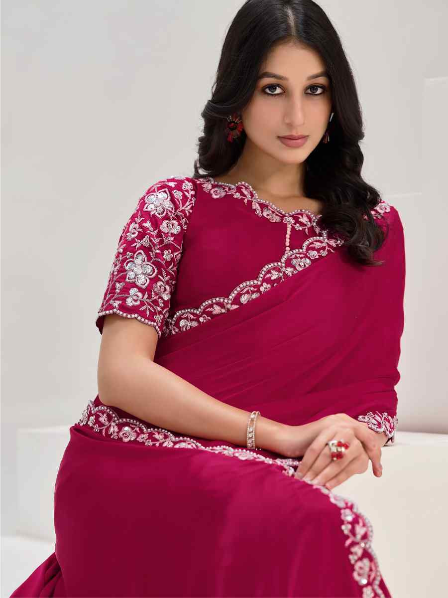 Pink Crepe Satin Silk Embroidered Festival Wedding Fancy Heavy Border Saree