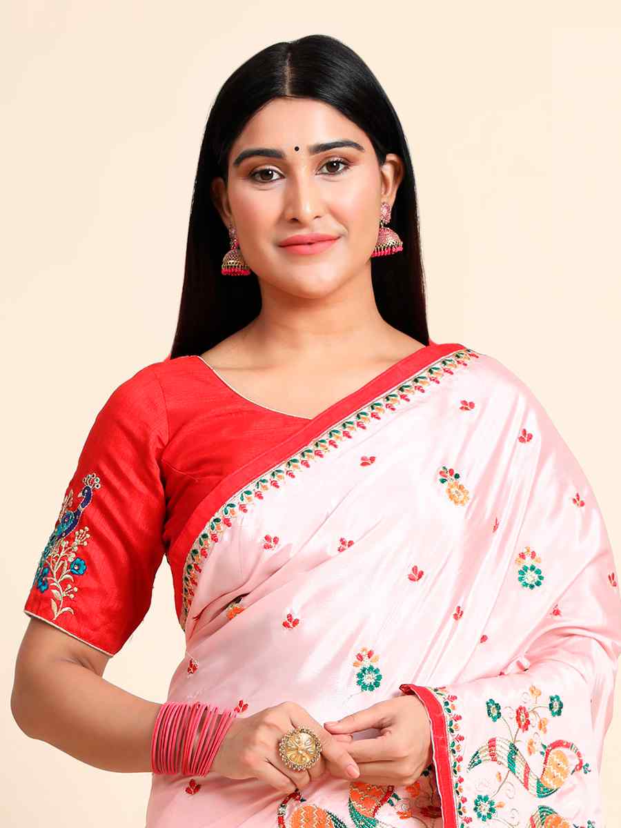 Pink Crepe Silk Embroidered Wedding Festival Classic Style Saree