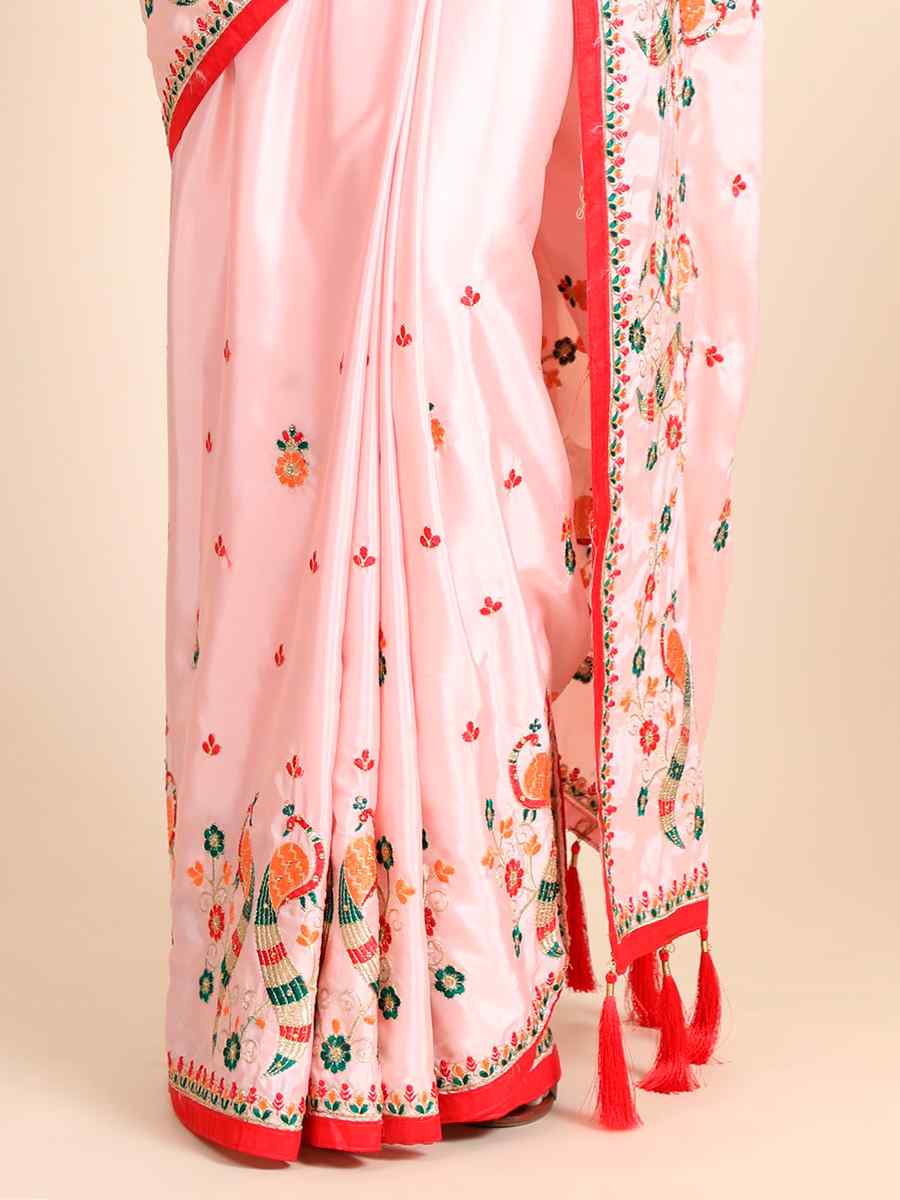 Pink Crepe Silk Embroidered Wedding Festival Classic Style Saree