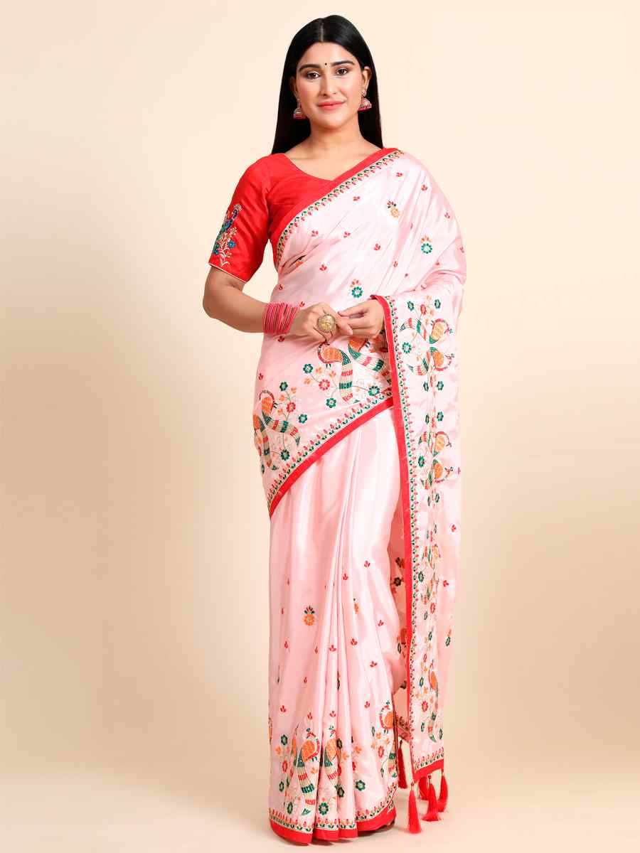 Pink Crepe Silk Embroidered Wedding Festival Classic Style Saree