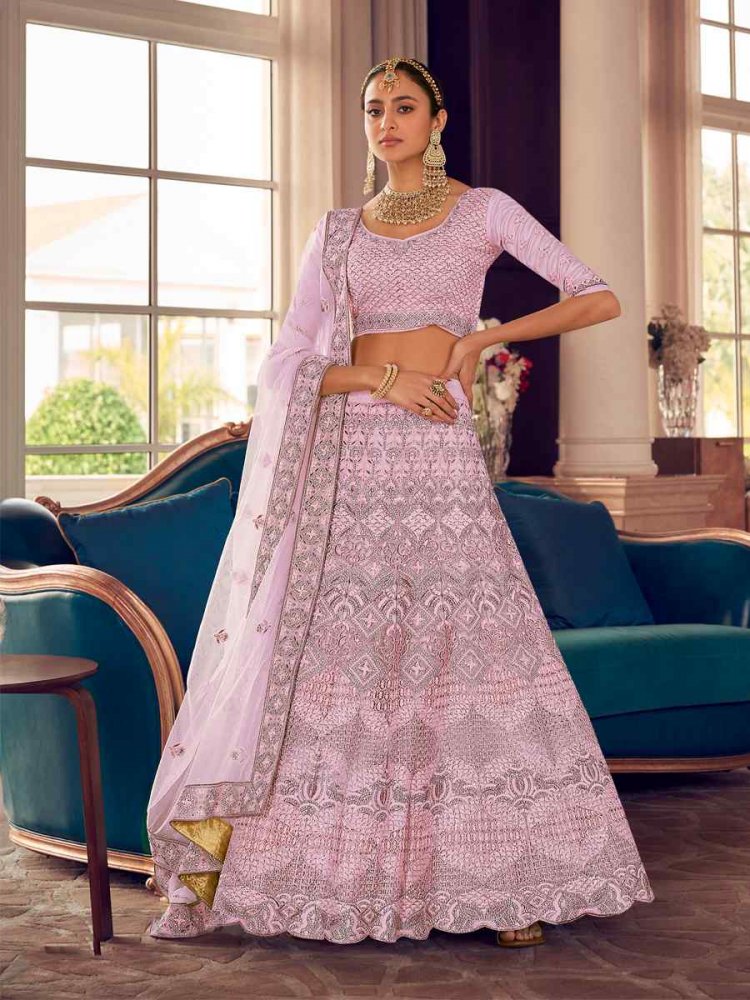 Pink Crepe Zari Bridal Reception Heavy Border Lehenga Choli