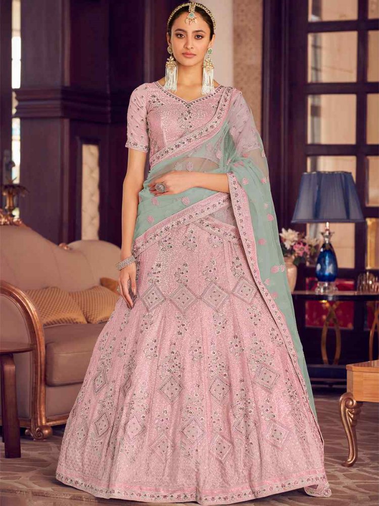 Pink Crepe Zari Sequins Bridal Reception Heavy Border Lehenga Choli