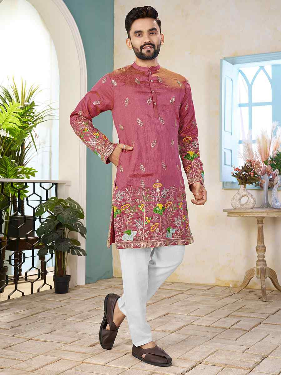 Pink Crunchy Silk Embroidery Festival Wedding Party Kurta