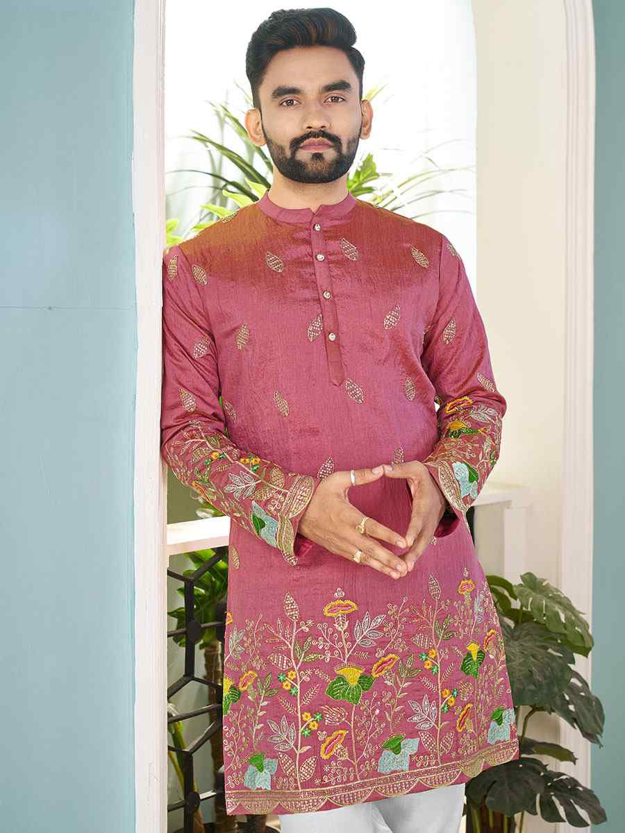 Pink Crunchy Silk Embroidery Festival Wedding Party Kurta