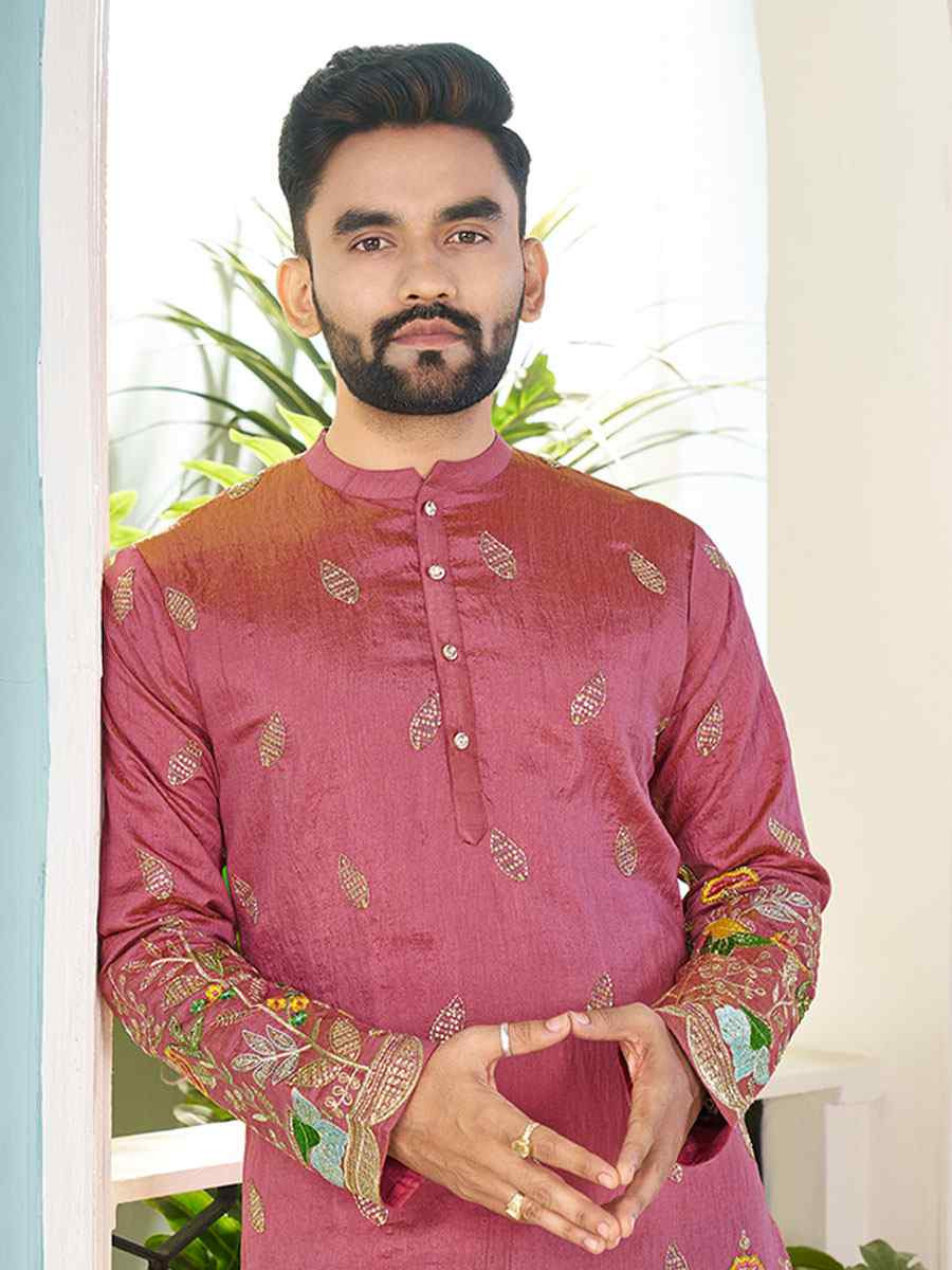 Pink Crunchy Silk Embroidery Festival Wedding Party Kurta