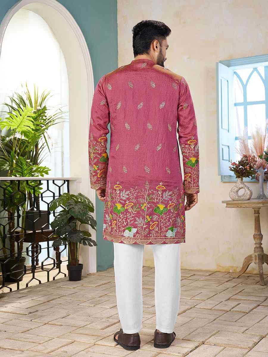 Pink Crunchy Silk Embroidery Festival Wedding Party Kurta