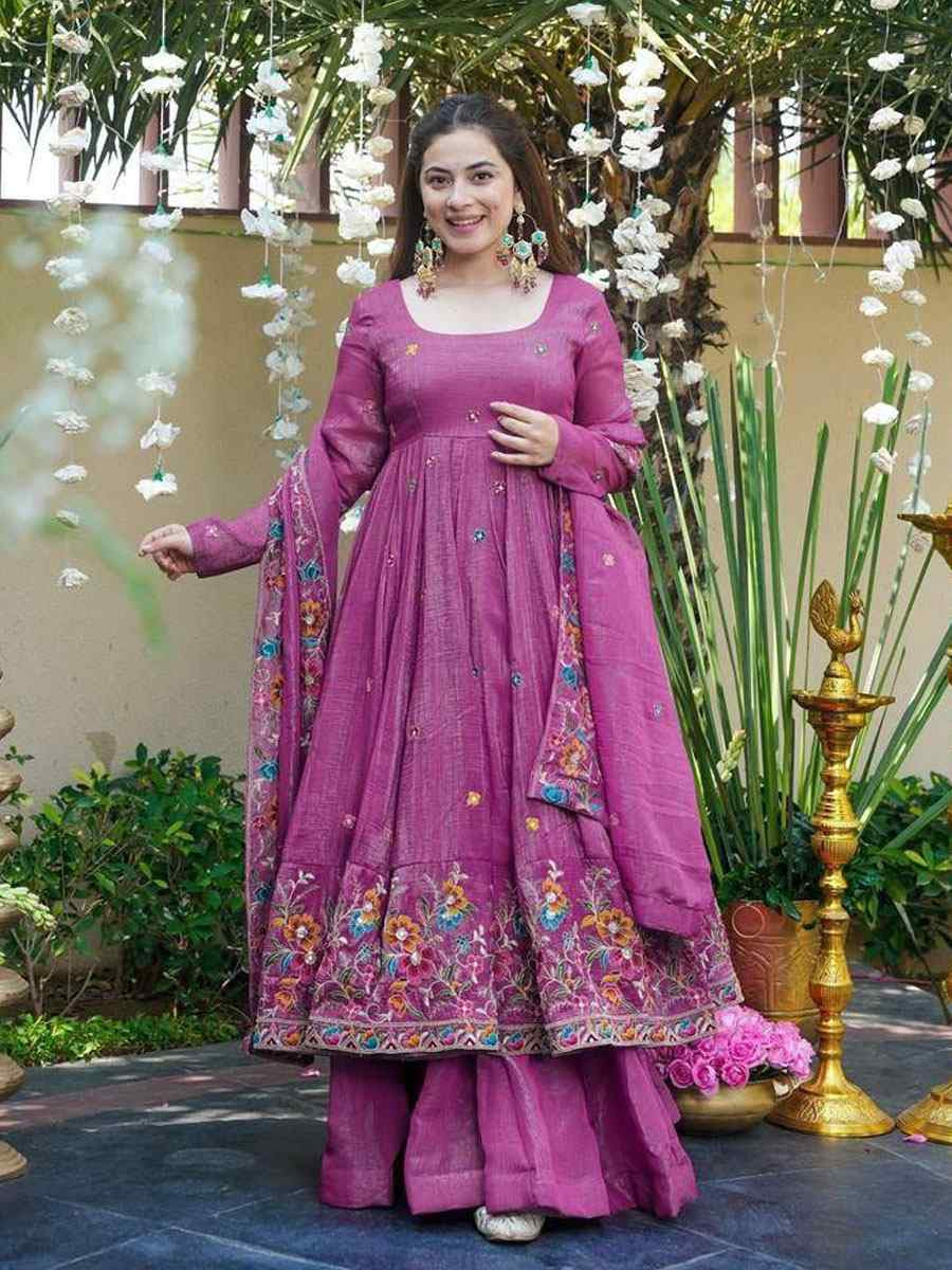 Pink Crunchy Silk Embroidery Party Wedding Festival Casual Ready Anarkali Salwar Kameez