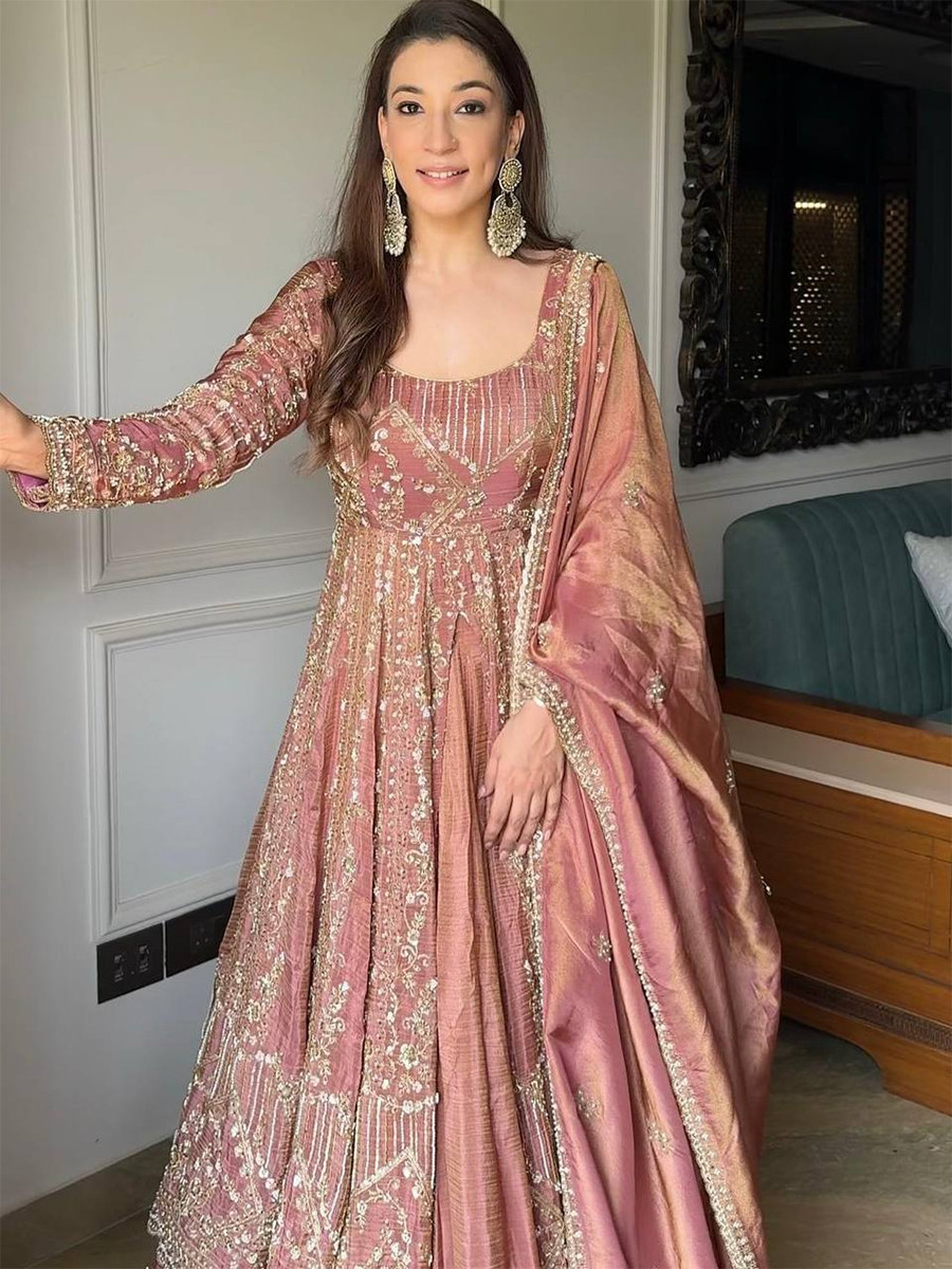 Pink Crunchy Silk Embroidery Sequins Wedding Party Festival Casual Ready Anarkali Salwar Kameez