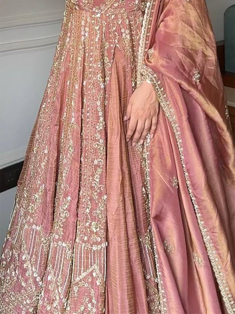 Pink Crunchy Silk Embroidery Sequins Wedding Party Festival Casual Ready Anarkali Salwar Kameez