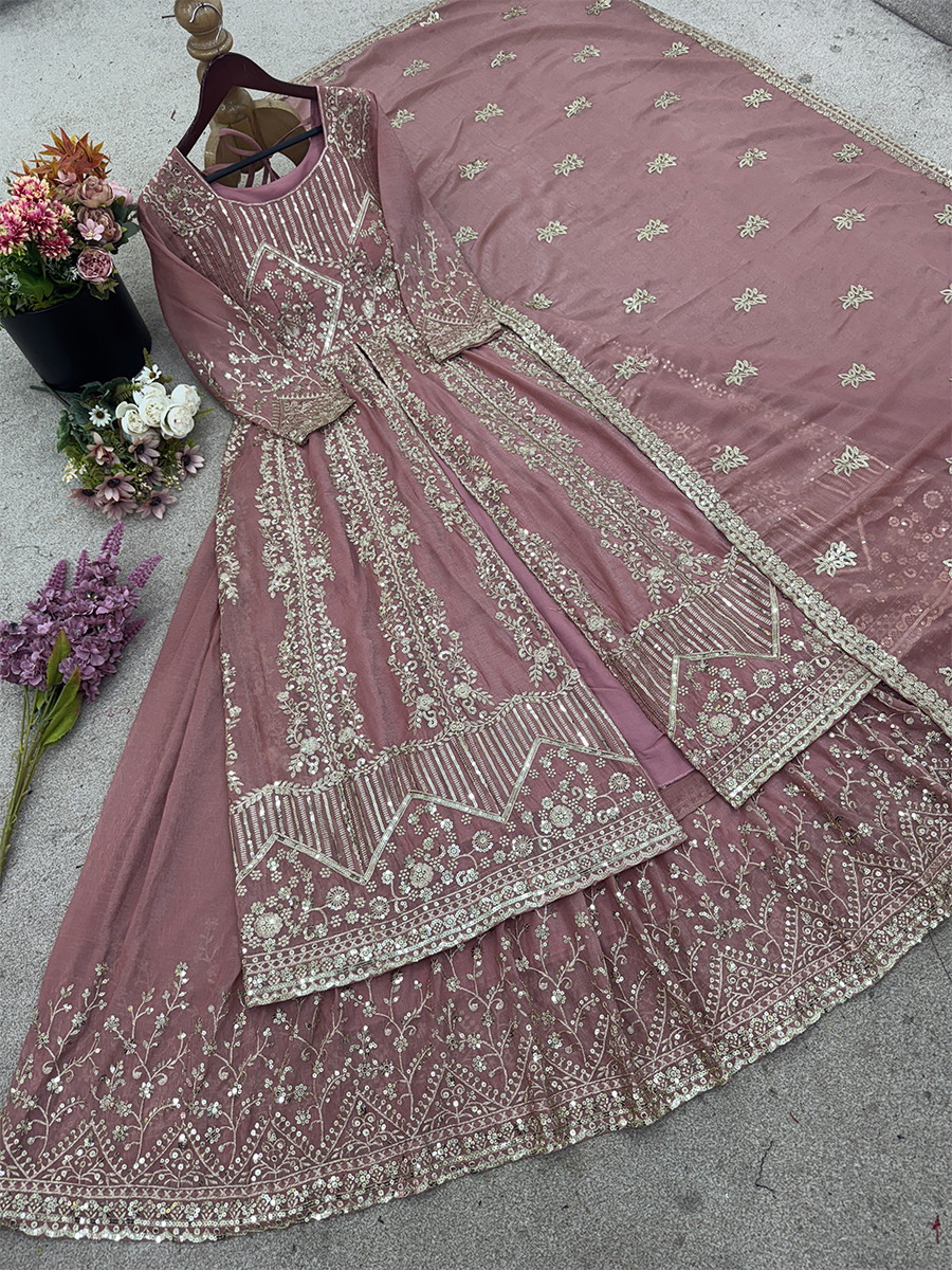 Pink Crunchy Silk Embroidery Sequins Wedding Party Festival Casual Ready Anarkali Salwar Kameez