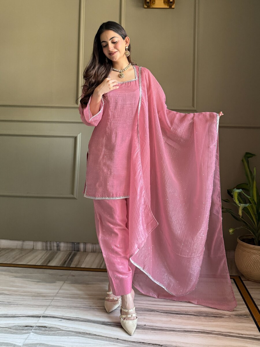 Pink Crunchy Silk Lace Work Sequins Wedding Party Festival Casual Ready Palazzo Pant Salwar Kameez