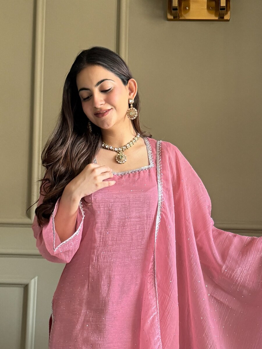 Pink Crunchy Silk Lace Work Sequins Wedding Party Festival Casual Ready Palazzo Pant Salwar Kameez