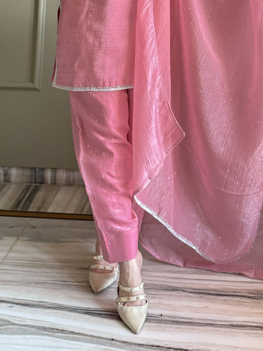 Pink Crunchy Silk Lace Work Sequins Wedding Party Festival Casual Ready Palazzo Pant Salwar Kameez