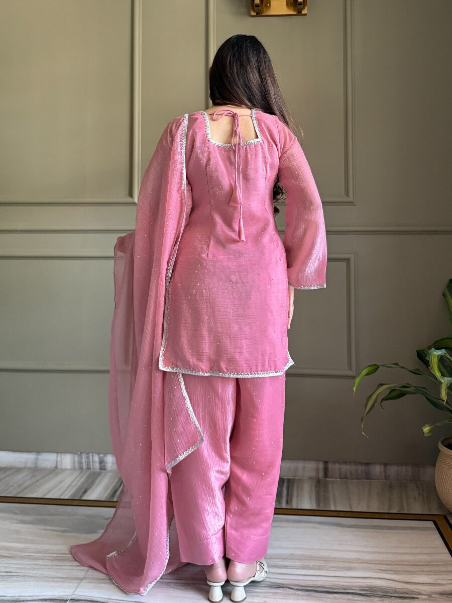 Pink Crunchy Silk Lace Work Sequins Wedding Party Festival Casual Ready Palazzo Pant Salwar Kameez