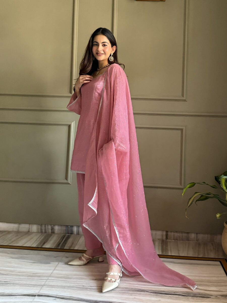 Pink Crunchy Silk Lace Work Sequins Wedding Party Festival Casual Ready Palazzo Pant Salwar Kameez